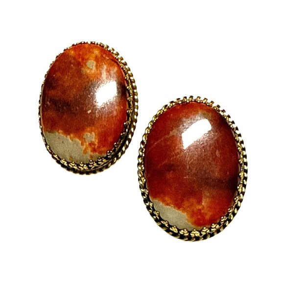 Whiting and Davis Clip On Earrings Faux Stone Look Oval Cabochon Gold Tone Vinta - Picture 1 of 8